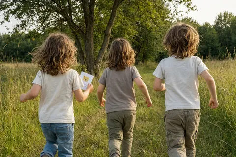 Drei Kinder laufen von hinten über eine Wiese, eines hält eine Papierkarte in der Hand (KI-Bild)