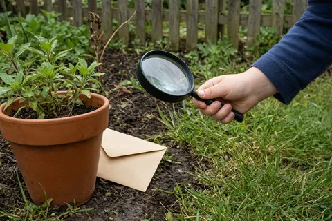 Eine Kinderhand mit Lupe über einem Gartenbeet, ein Umschlag liegt halb versteckt unter einem Blumentopf (KI-Bild)