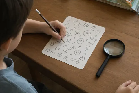 Eine Kinderhand mit Bleistift über einer Karte mit gezeichneten Symbolen, daneben liegt eine Lupe (KI-Bild)