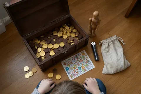 Eine offene Schatzkiste von oben: Schokotaler in Goldfolie, ein Stickerbogen, eine kleine Taschenlampe und eine Holzfigur (KI-Bild)