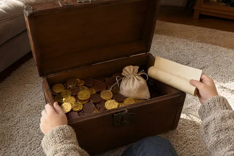 Kinderhände öffnen eine alte Holztruhe mit Schokotalern in Goldfolie und einem Stoffsäckchen, daneben liegt eine eingerollte Papierkarte (KI-Bild)