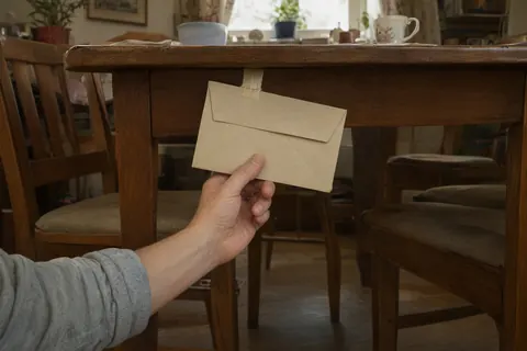 Eine Erwachsenenhand klebt einen Papierumschlag mit Klebeband unter eine Tischplatte (KI-Bild)