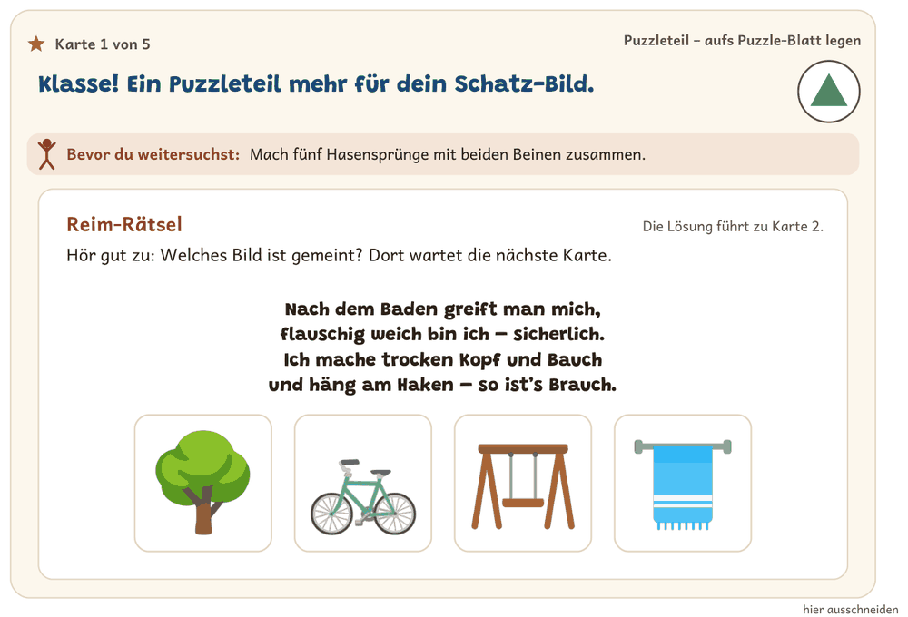 Reim-Rätsel-Karte aus dem fertigen PDF: ein Vierzeiler zum Vorlesen und vier Bilder – nur eines passt