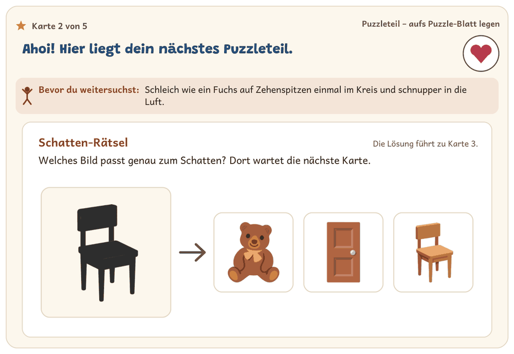 Schatten-Rätsel-Karte aus dem fertigen PDF: ein dunkler Umriss und drei Bilder – das passende Bild zeigt das nächste Versteck