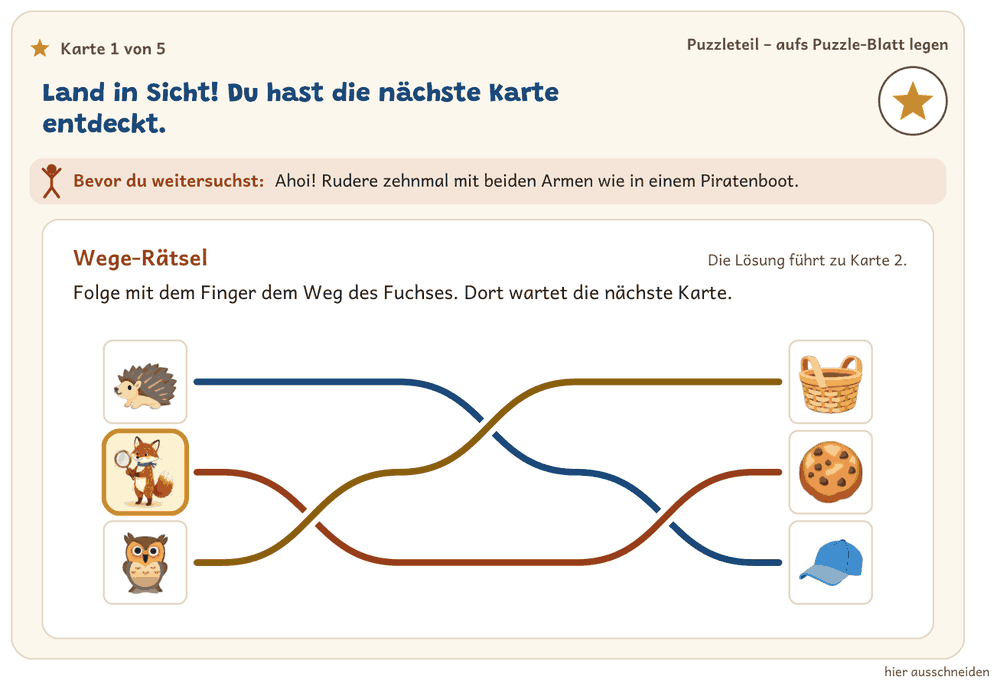 Wege-Rätsel-Karte aus dem fertigen PDF: Igel, Fuchs und Eule links, drei bunte Wege kreuzen sich, rechts Wäschekorb, Keks und Mütze
