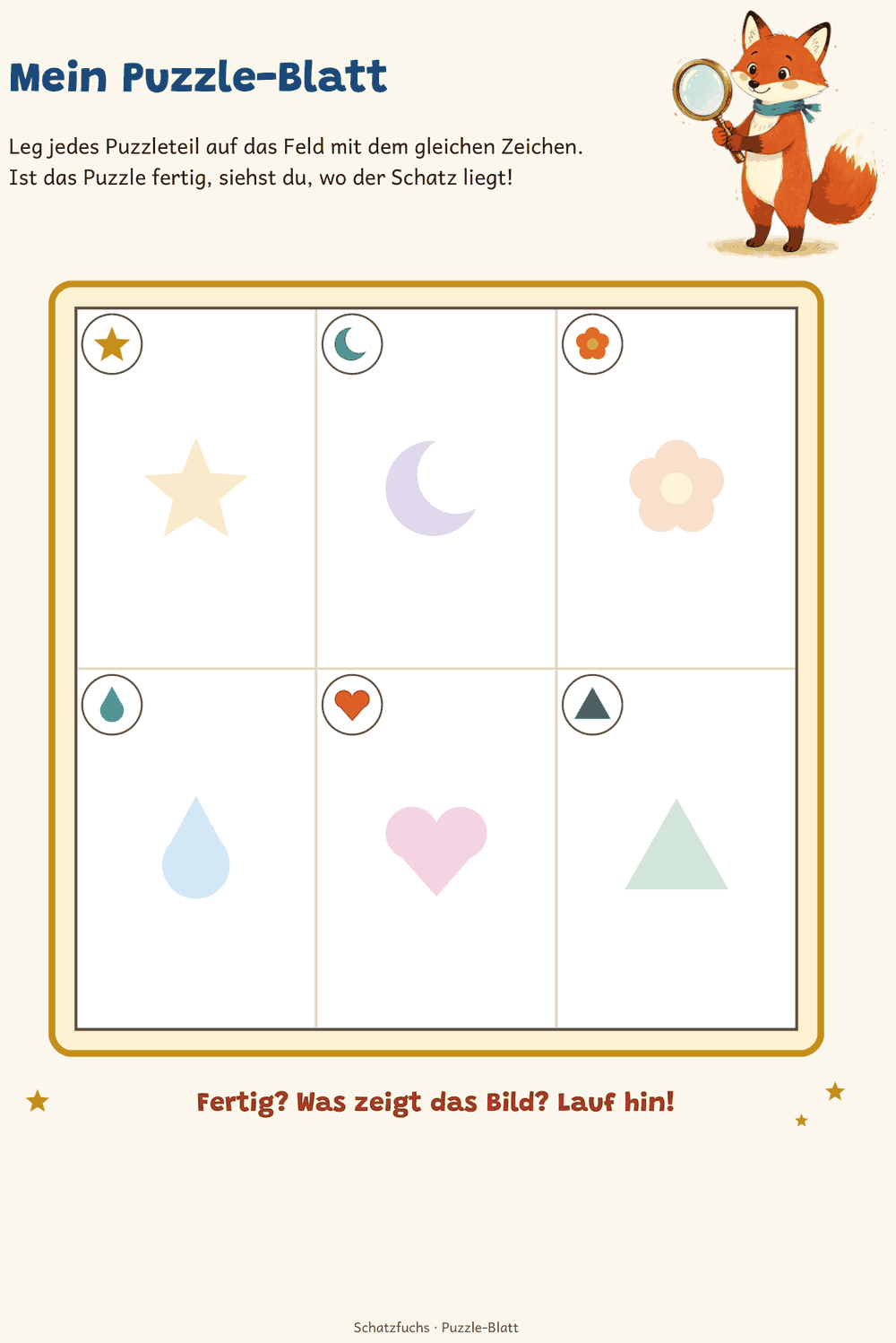 Puzzle-Blatt aus dem fertigen PDF für 3 bis 5 Jahre: sechs Felder mit je einem Zeichen – Stern, Mond, Blume, Tropfen, Herz, Dreieck