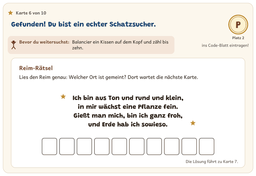 Rätselkarte Reim-Rätsel aus dem PDF: vier Zeilen beschreiben das Versteck, darunter Kästchen für das Lösungswort