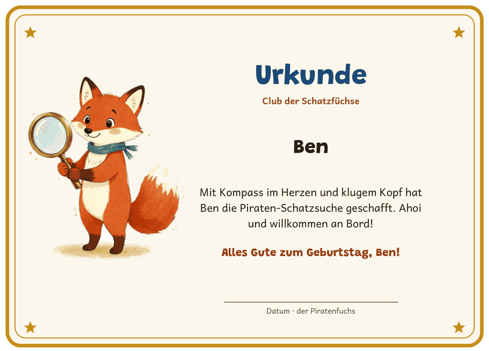 Urkunde aus dem PDF mit dem Namen des Kindes, dem Fuchs und einem persönlichen Gruß